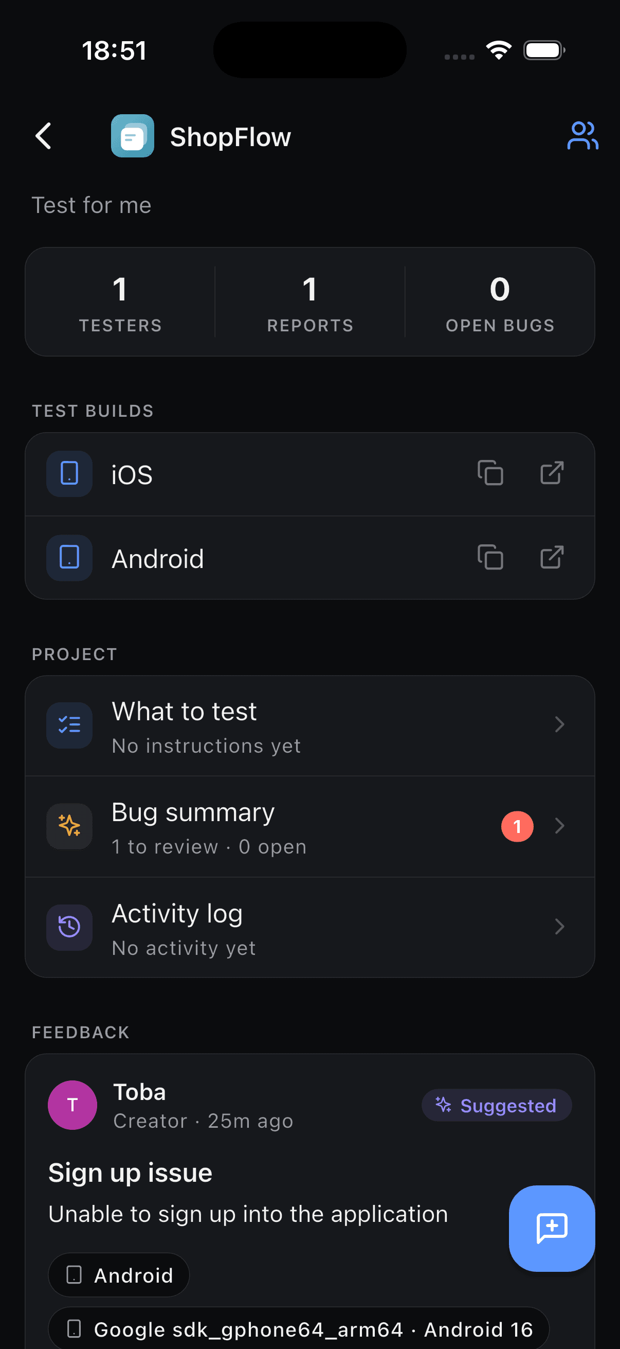 BetaFeedback project screen showing tester feedback and an AI-suggested bug